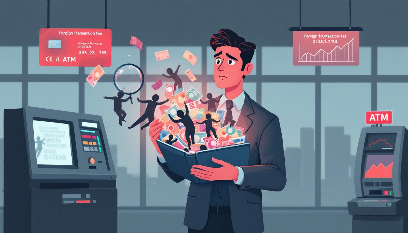 Человек в аэропорту держит прозрачный кошелек-глобус с исчезающими деньгами и тенями, символизирующими скрытые комиссии при использовании карт за границей.