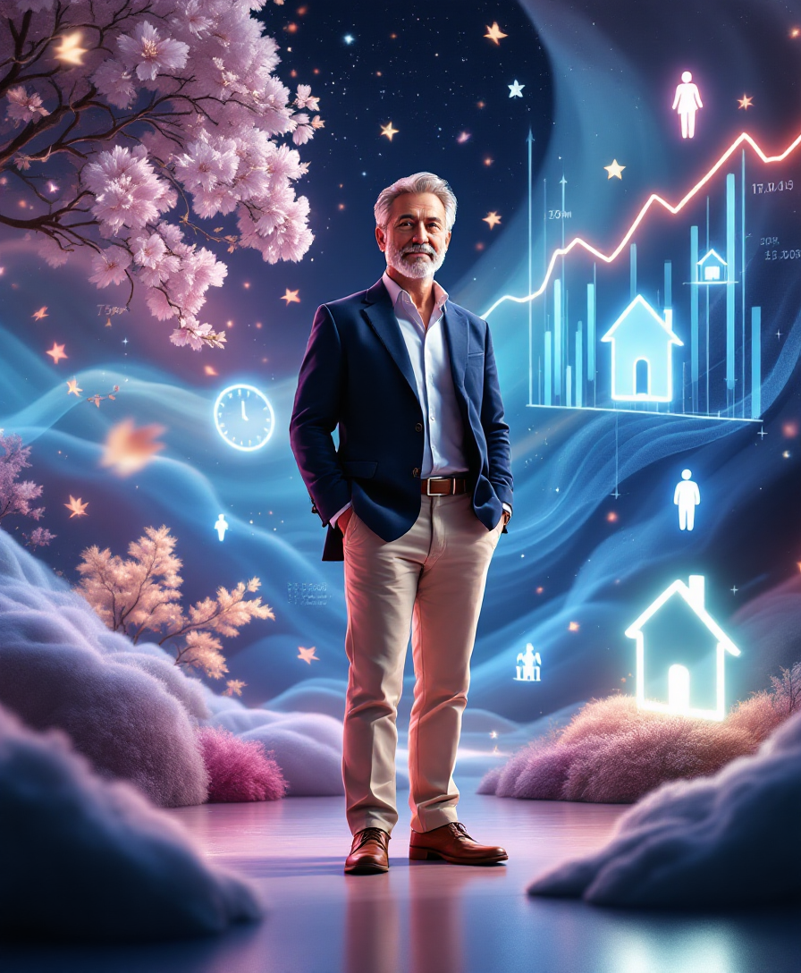 Человек анализирует три фактора времени, экономики и личных обстоятельств для выбора оптимального момента ипотеки в абстрактной среде.