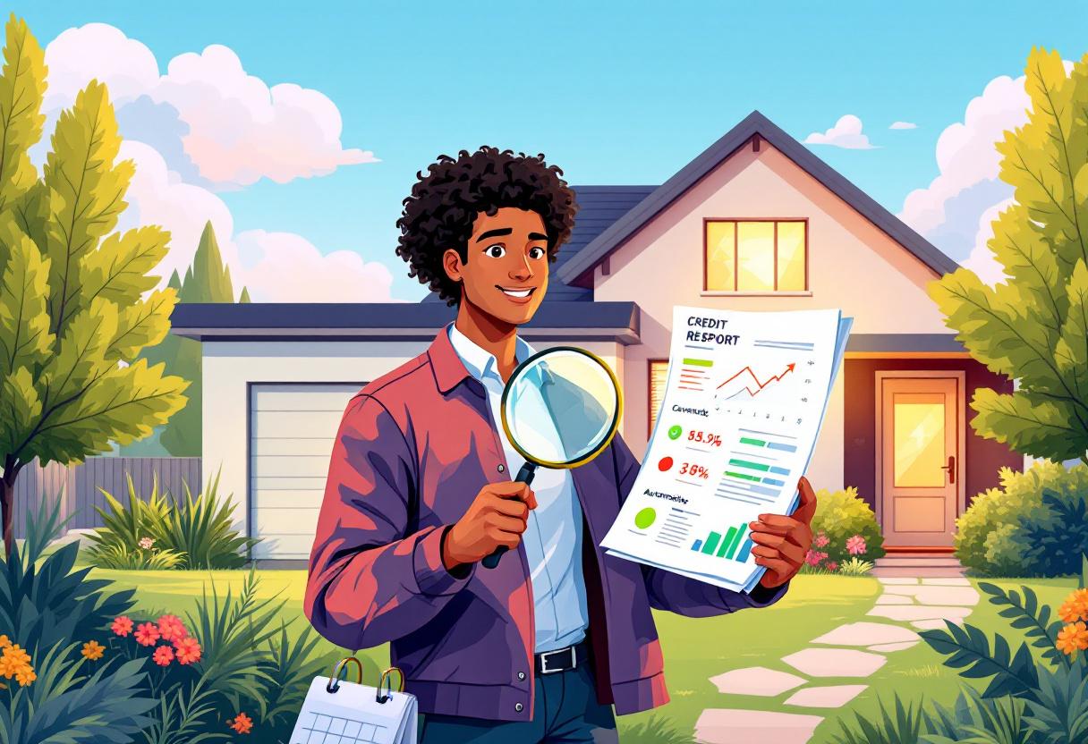 Человек проверяет кредитный отчёт перед домом, символизируя подготовку к получению кредита под залог недвижимости.