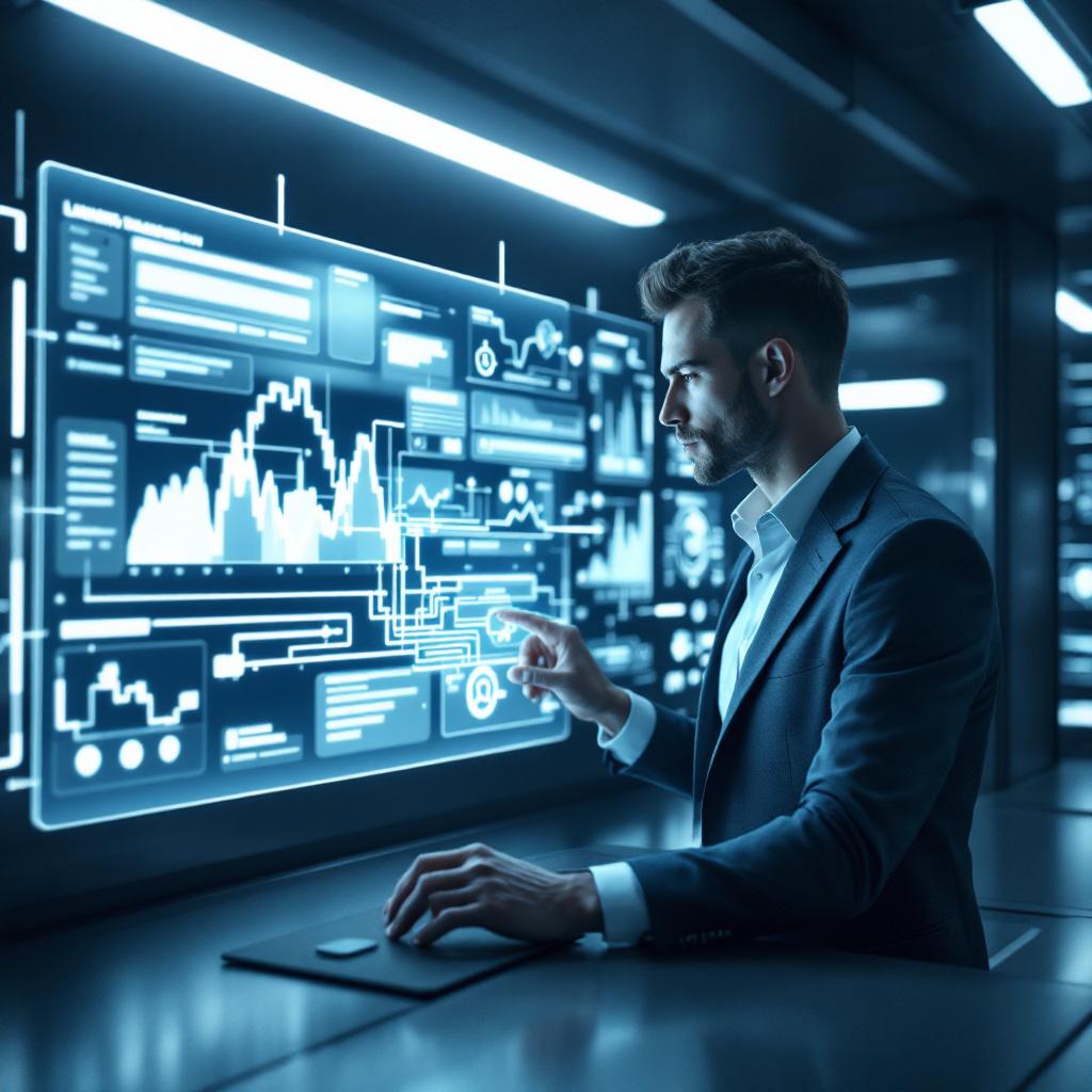 Офисный работник в футуристической комнате управления изучает голографические данные, символизирующие проверку лимитов и условий использования.