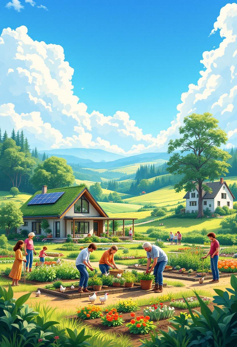 Счастливая семья сажает огород возле нового дома в сельской местности, символизируя доступную ипотеку и сельскую жизнь.