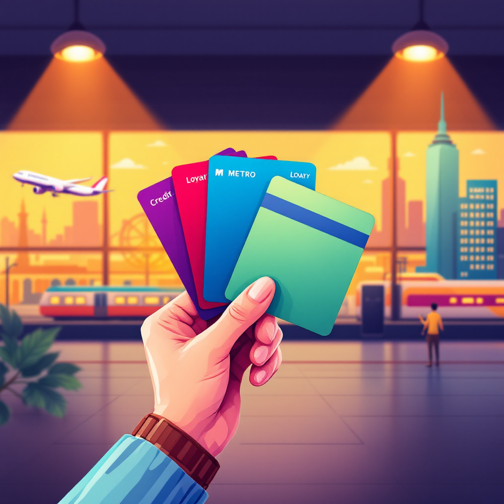 Рука путешественника с выбором карт на фоне аэропорта, символизирующая практические советы по выбору карты для путешествий.