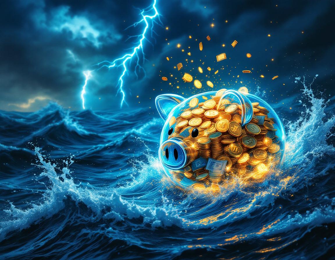 Символическое изображение рисков инвестирования: копилка с акциями на бурных волнах