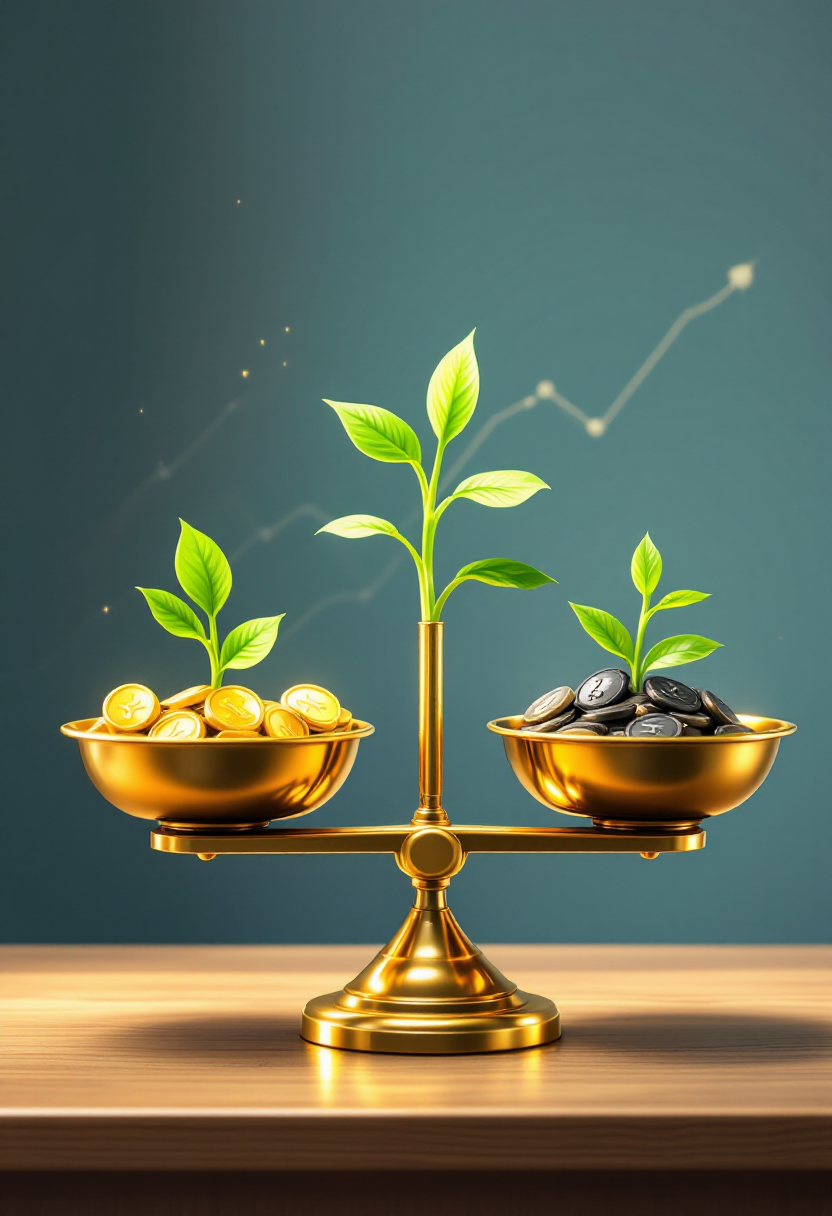 Весы с золотыми монетами и растениями, символизирующие баланс преимуществ и рисков рефинансирования.