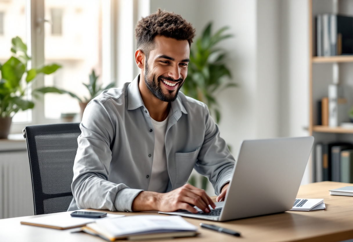 Человек в домашнем офисе изучает инвестиции с помощью ноутбука и образовательных материалов.