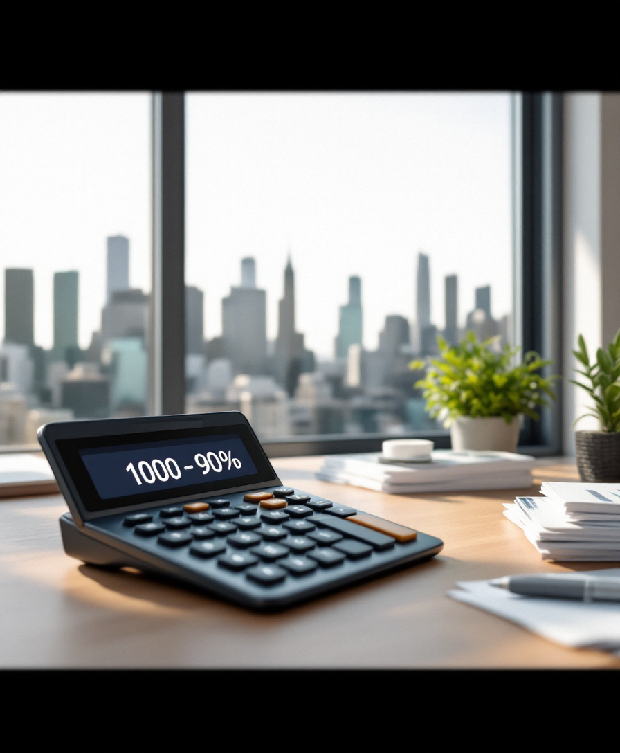 Калькулятор на столе в офисе показывает снижение процентной ставки на фоне городского пейзажа.