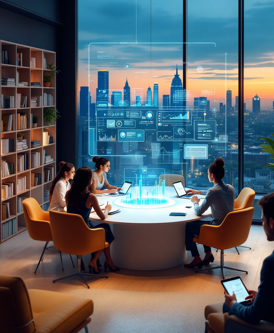 Люди изучают финансовые графики на современных устройствах в цифровом офисе.