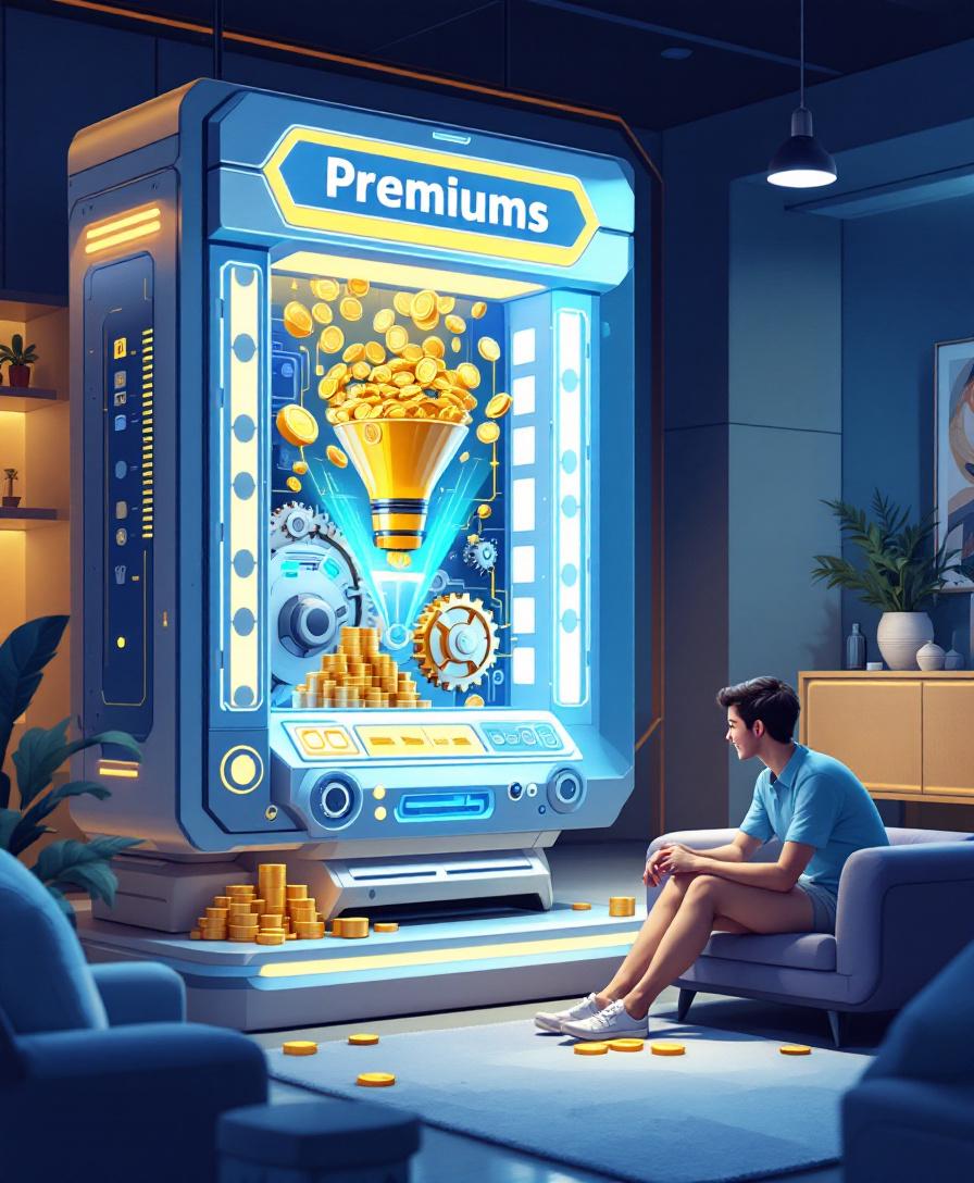 Иллюстрация механизма работы ИСЖ: от взносов до выплат в виде футуристической финансовой машины.