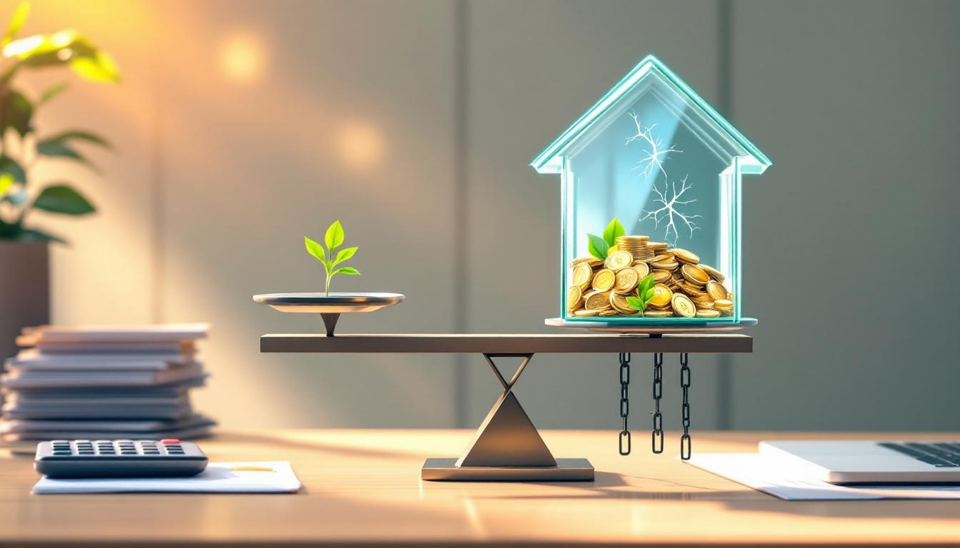 Символическое изображение ипотеки с господдержкой: стеклянный дом на весах с монетами и трещинами, показывающее баланс выгод и рисков.
