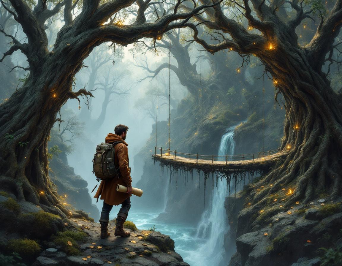 Исследователь, осторожно идущий по лесной тропе с финансовыми символами, избегая скрытых ловушек на пути к мосту рефинансирования.