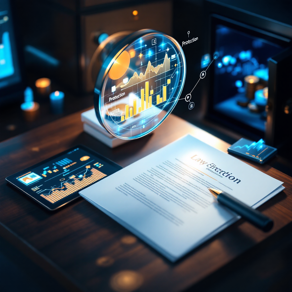Символическое изображение юридических документов и финансовых графиков, представляющих безопасность инвестиций.