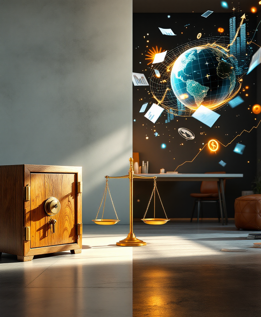 Символическое изображение контраста между накопительным и инвестиционным страхованием жизни: слева стабильный сейф на твердой земле, справа динамичные графики и глобус, в центре весы.