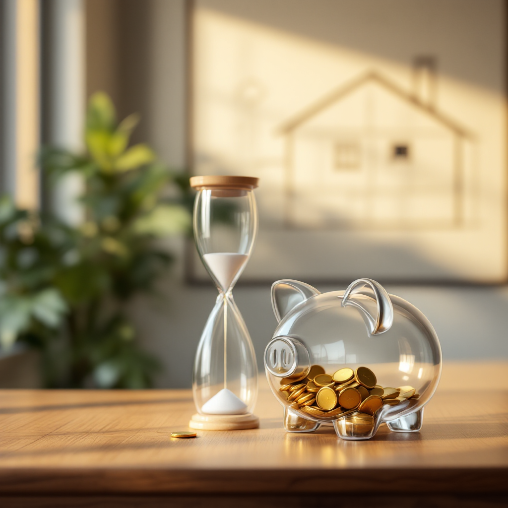 Символическое изображение финансовой стабильности: прозрачная копилка с золотыми монетами и песочные часы на столе в современном офисе.
