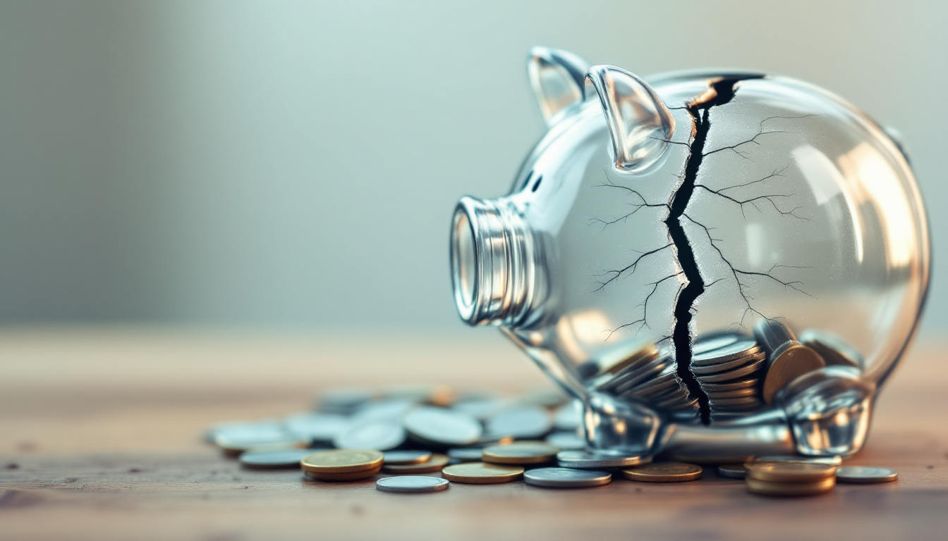 Разбитая копилка с высыпающимися обесцененными монетами на фоне календаря, символизирующая финансовые потери при досрочном расторжении договора.