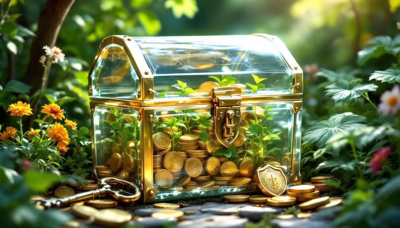 Кристальный сундук с сокровищами в цветущем саду, символизирующий инвестиционное страхование жизни.