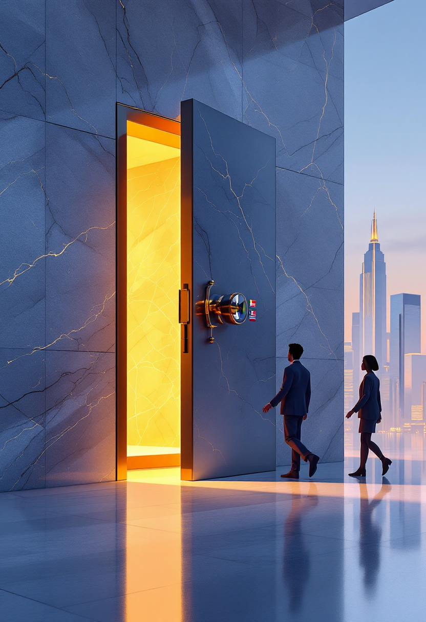 Современный банковский сейф открыт для нерезидентов, символизируя глобальную доступность финансовых услуг.