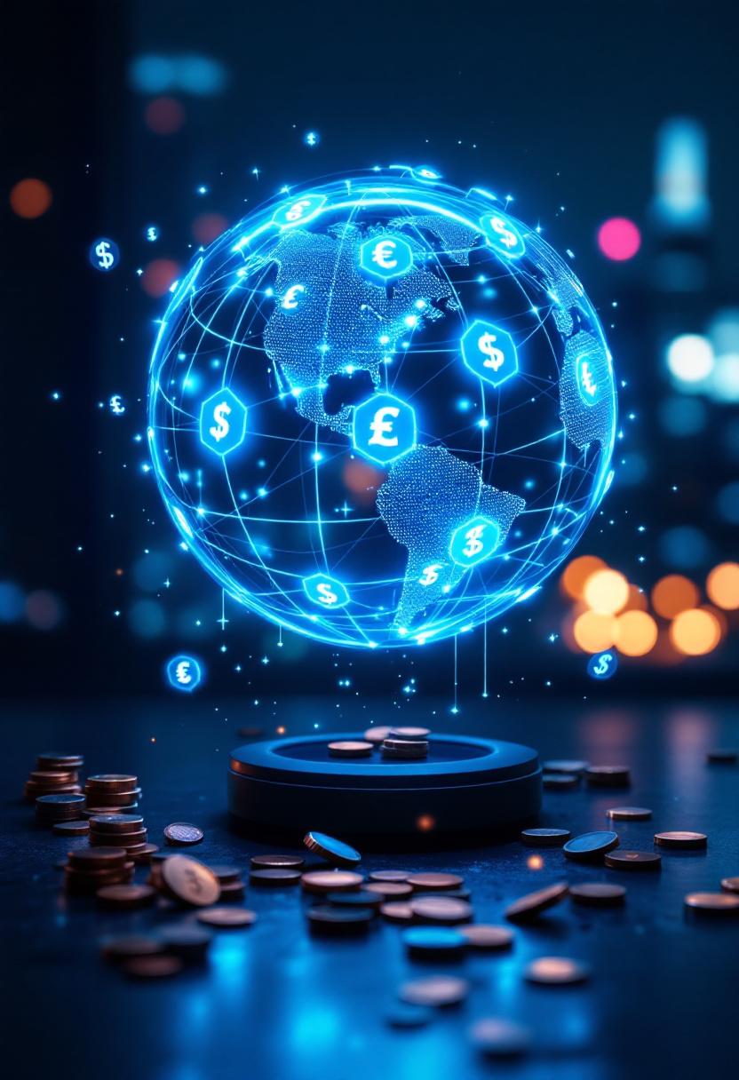 Глобус с цифровыми финансовыми потоками и гаджетами на столе, символизирующий быстрые международные переводы.