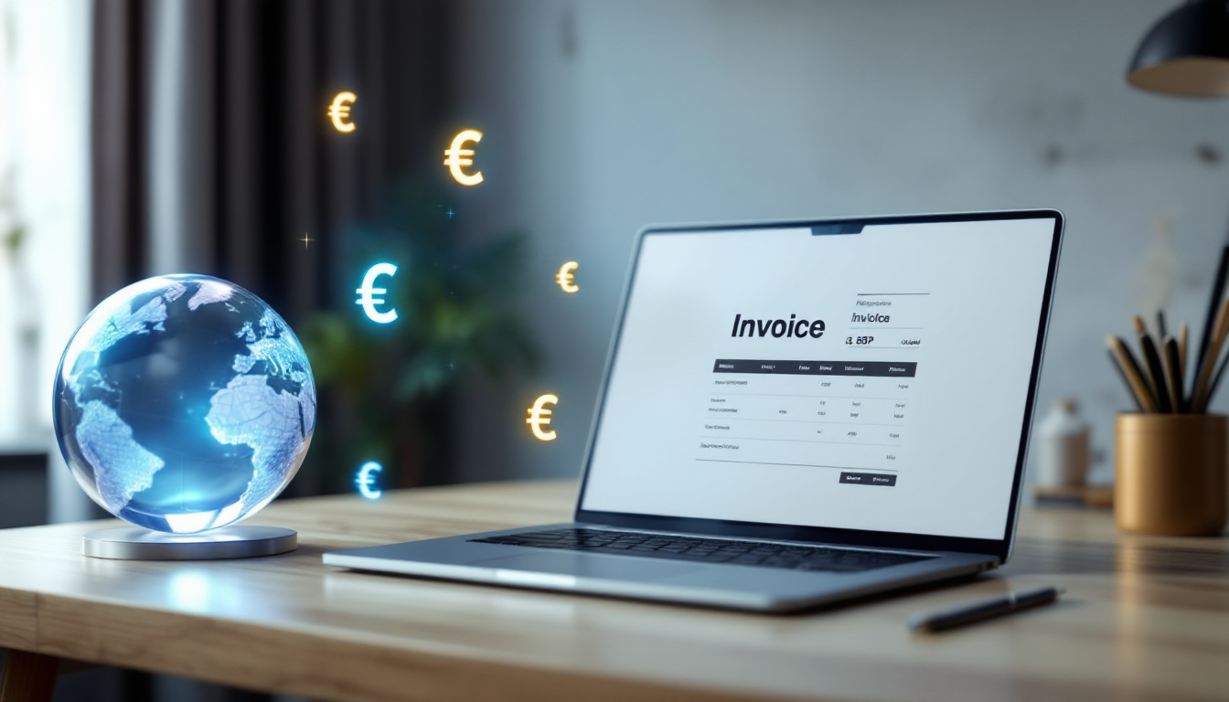Фрилансер за работой с инвойсом и символами международных платежей на современном рабочем месте.