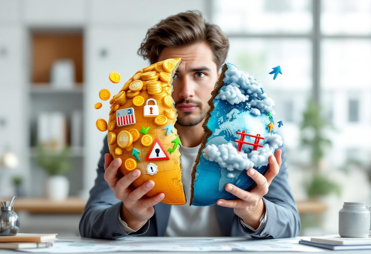 Человек в офисе держит глобус, разделённый на светлую и тёмную половины, символизирующие преимущества и недостатки зарубежных счетов.