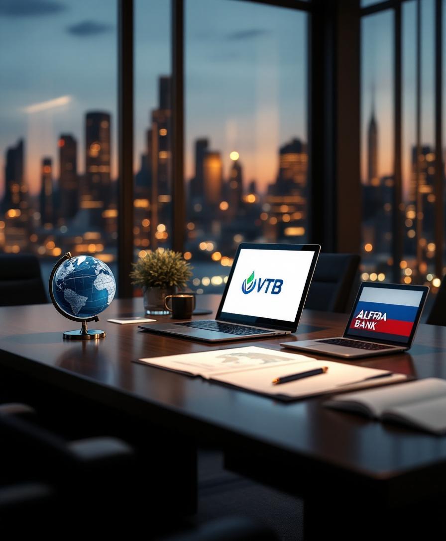 Два премиальных банковских портфеля на столе в современном офисе, символизирующие международные бизнес-решения.