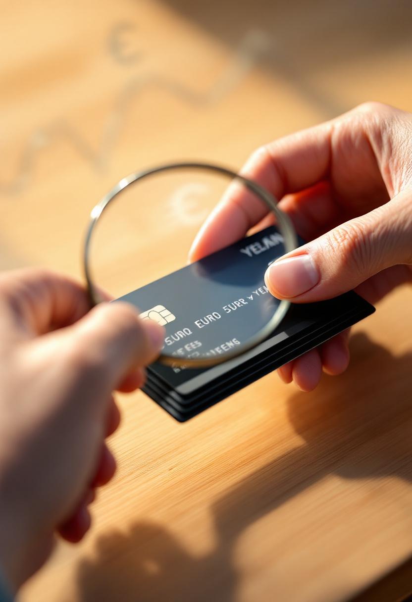 Рука с лупой рассматривает скрытые комиссии на банковской карте.