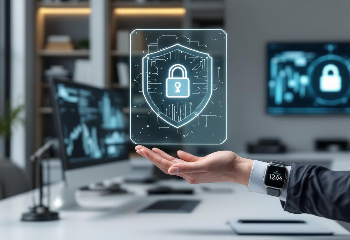 Символическое изображение безопасности и юридических аспектов: прозрачный щит с цифровыми узорами в современном офисе.