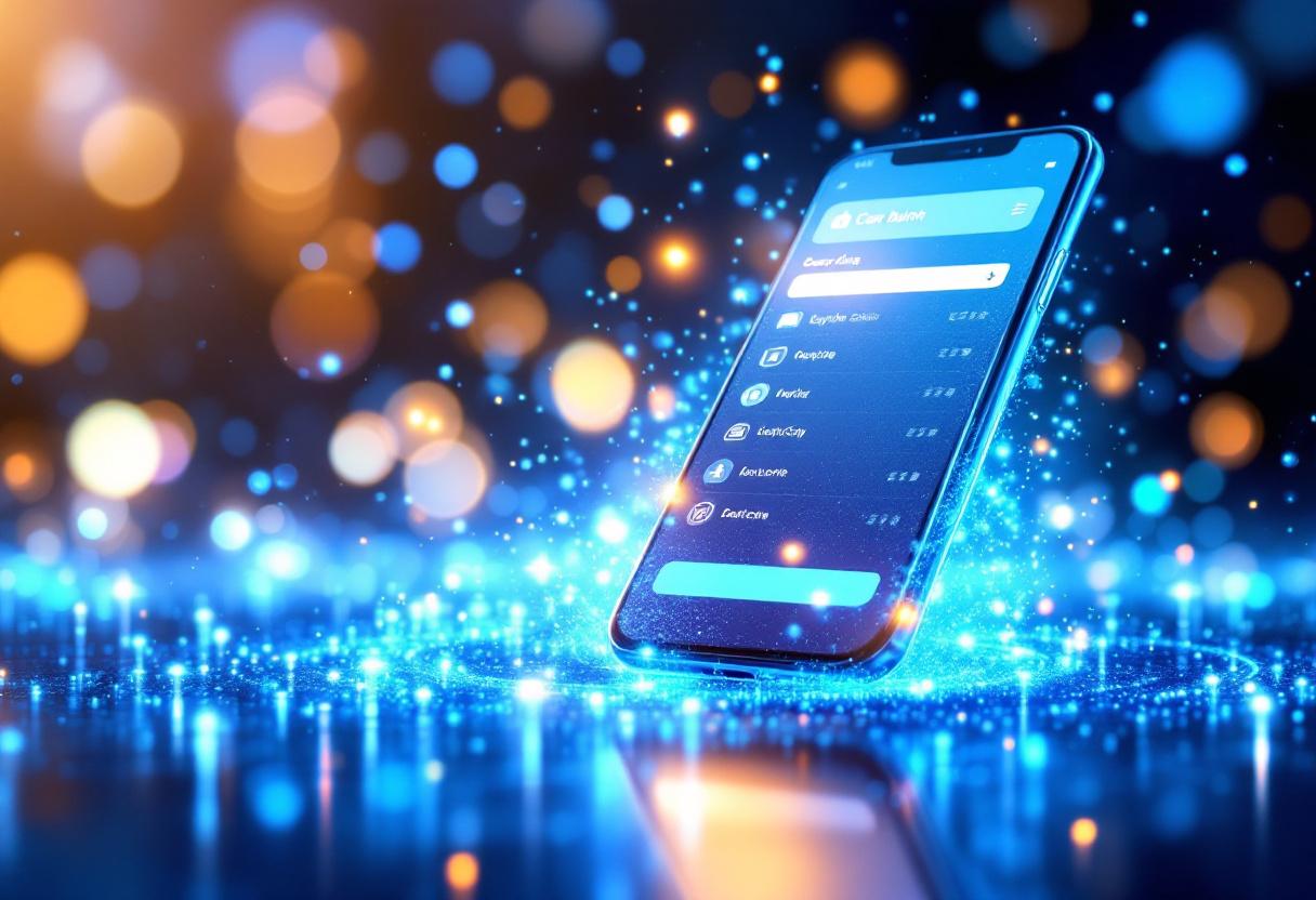 Смартфон с защищенным банковским приложением в силовом поле, блокирующем мошеннические операции