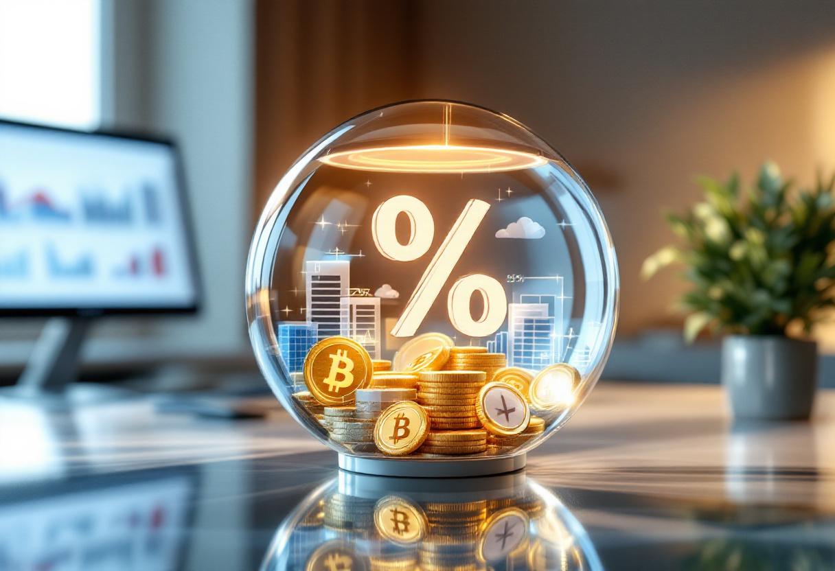 Прозрачная кристаллическая сфера с многослойной структурой, символизирующая эффективную процентную ставку, включающую проценты, комиссии и другие расходы, в современном офисном окружении.