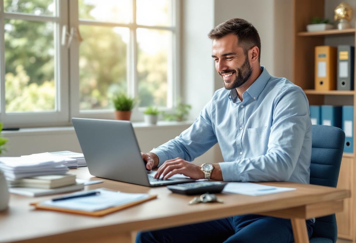 Человек в домашнем офисе готовит документы для кредита и страхования, окруженный символами финансовой безопасности и порядка.