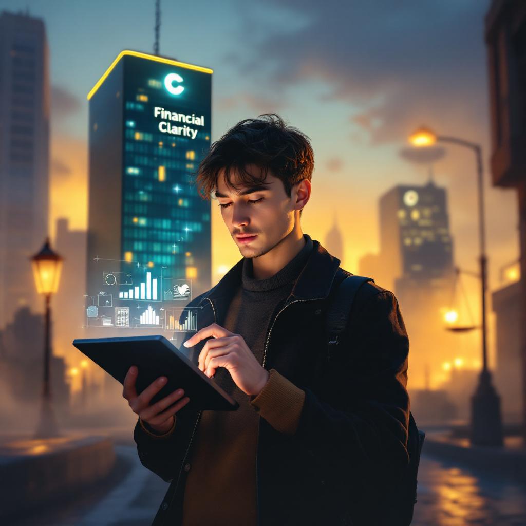 Человек на перепутье с цифровым планшетом, символизирующим кредитный калькулятор, в городской среде с контрастными путями, отражающими преимущества и риски финансовых решений.