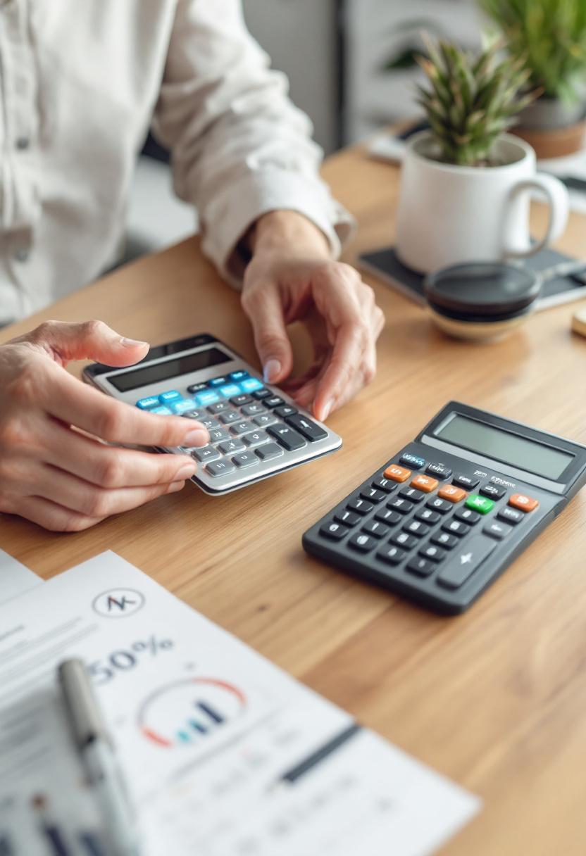 Человек сравнивает калькуляторы на столе в домашнем офисе, символизируя выбор инструментов для расчёта процентных ставок.