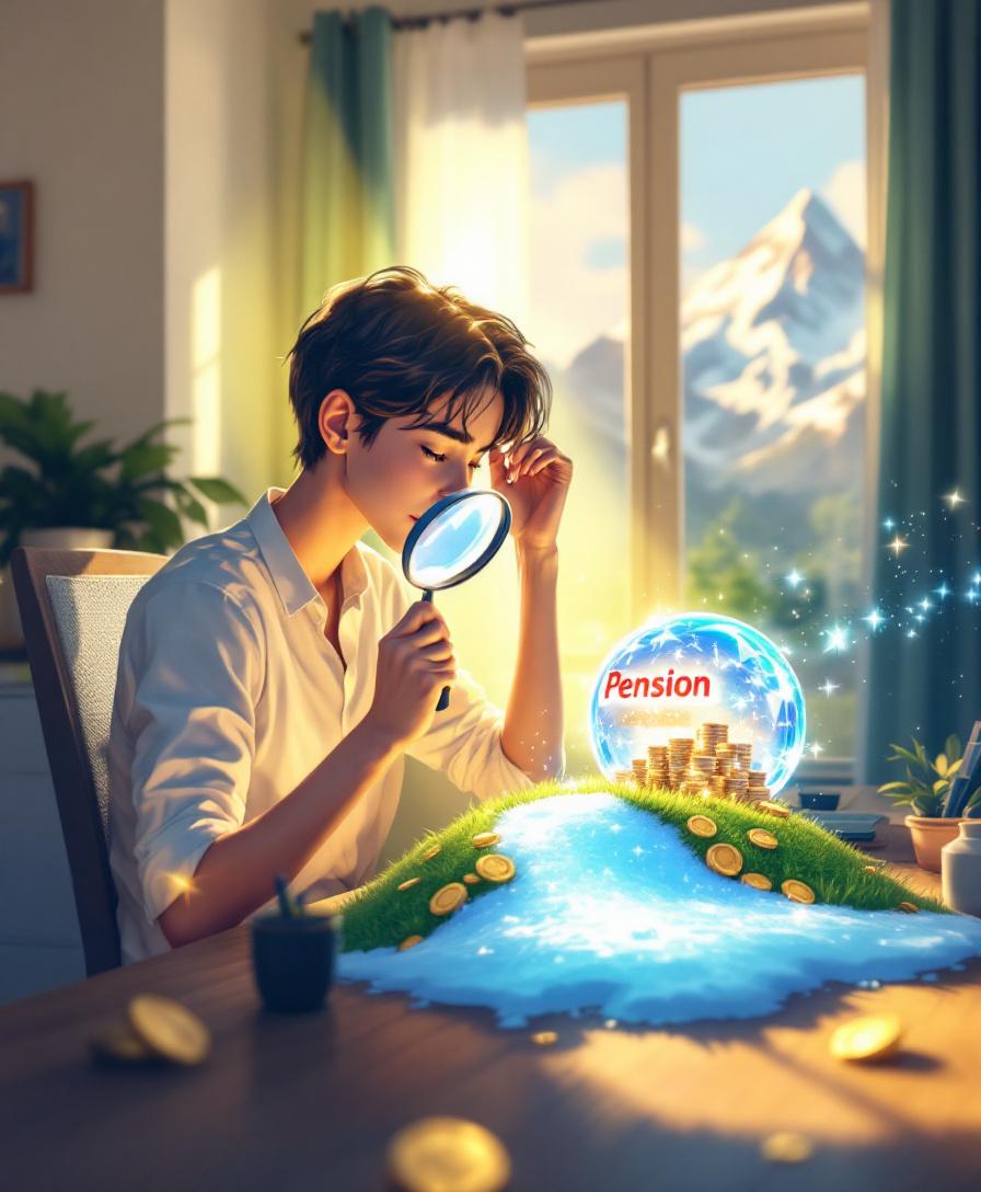 Молодой человек изучает растущий снежный ком из золотых монет, символизирующий сложный процент, в уютном домашнем офисе.