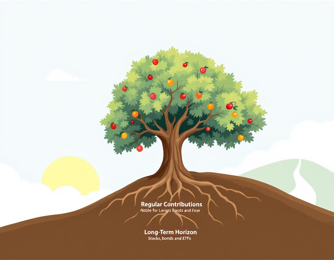 Дуб с плодами в виде ценных бумаг на склоне холма, символизирующий долгосрочный рост инвестиций.