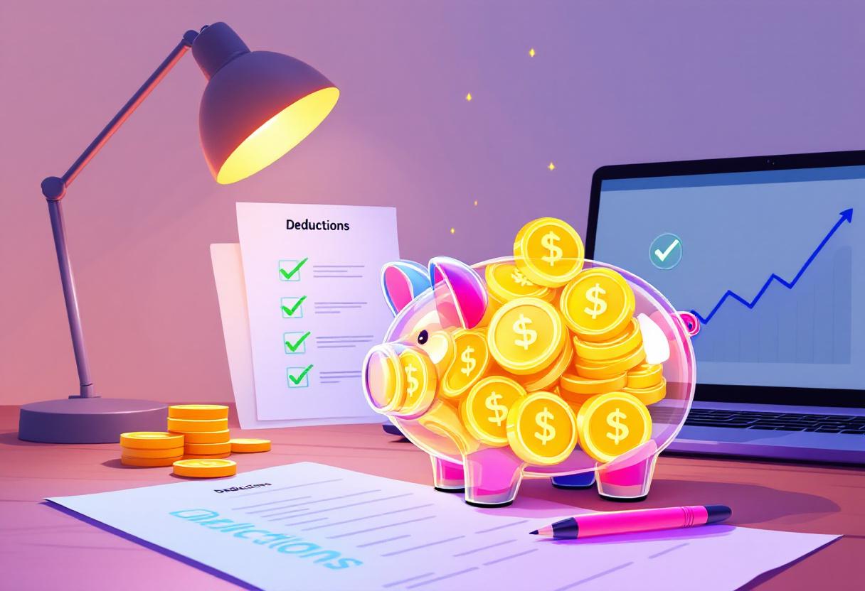 Прозрачная копилка с золотыми монетами на столе рядом с ноутбуком, символизирующая налоговые льготы для накопителей.