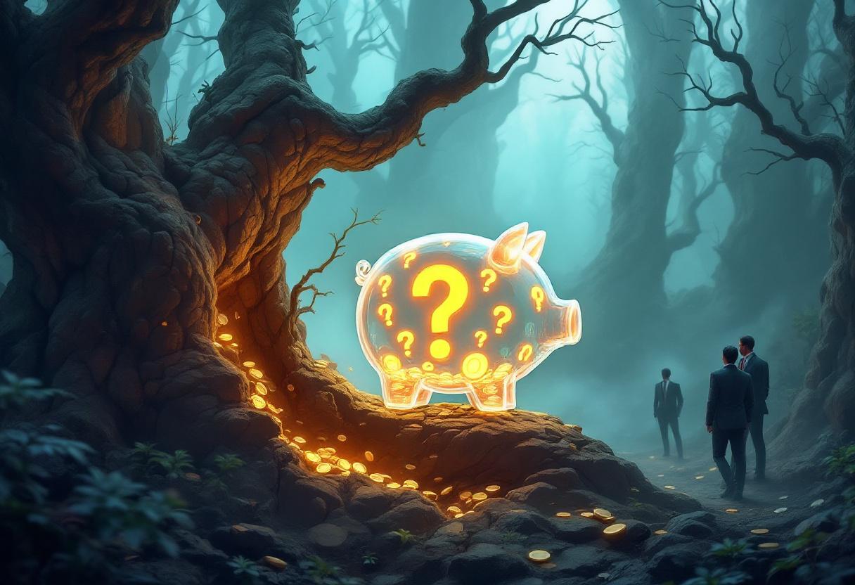 Прозрачная копилка с монетами и вопросами в лесу, символизирующая мифы о пенсионных накоплениях.