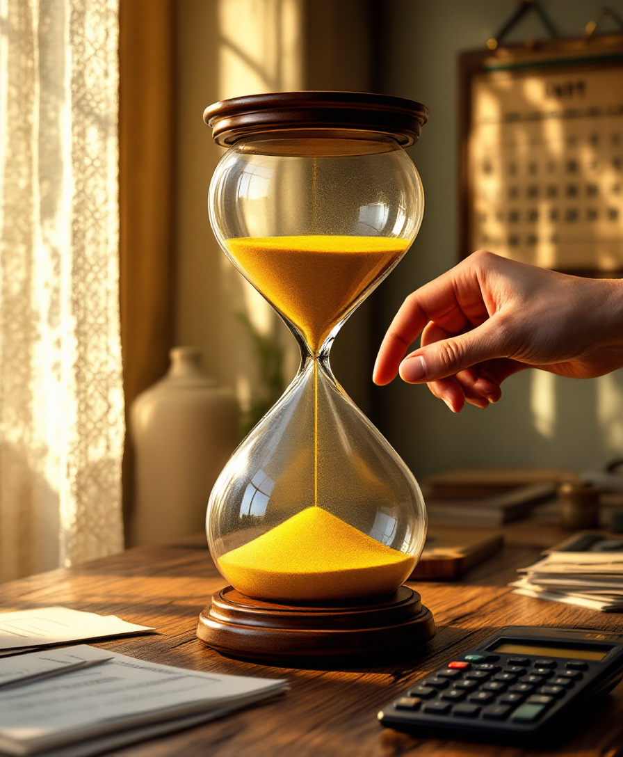 Песочные часы с пересыпающимся песком, символизирующие досрочное погашение кредита в уютном домашнем офисе.