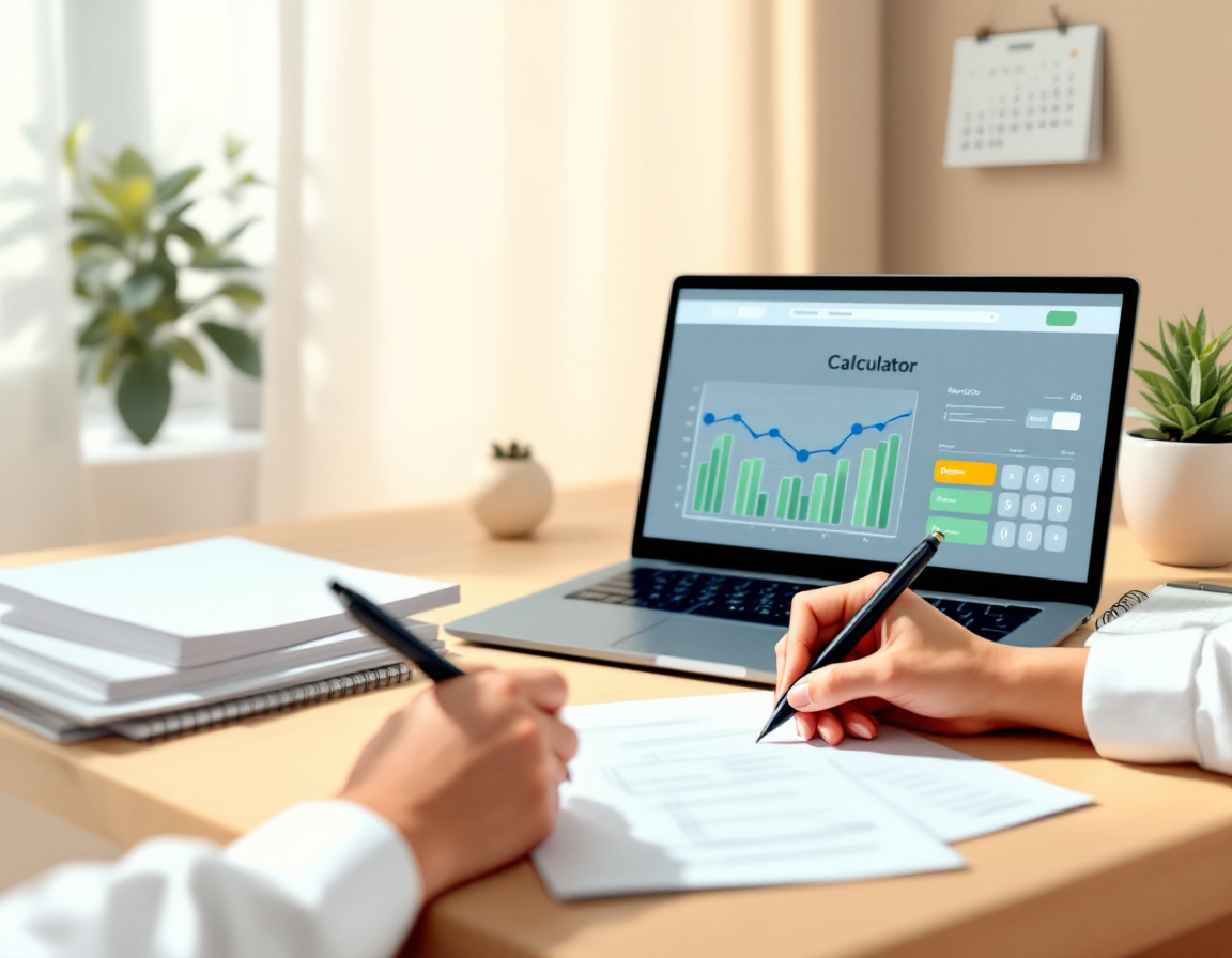 Человек в домашнем офисе использует калькулятор и документы для оформления досрочного погашения кредита.