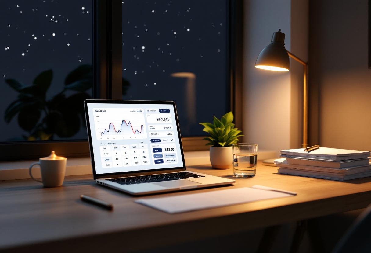 Стол в домашнем офисе с ноутбуком, показывающим финансовый калькулятор, символизирующий расчёт досрочного погашения ипотеки.