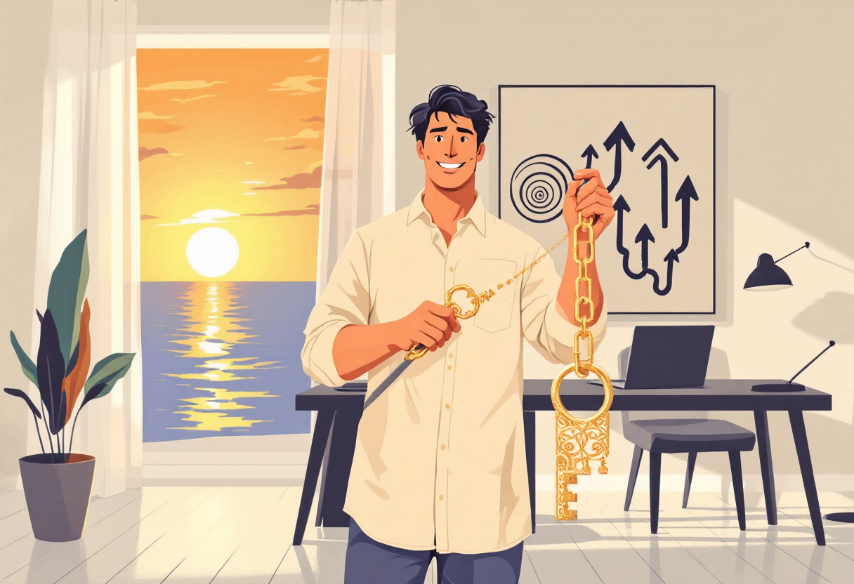 Человек держит золотой ключ в домашнем офисе на фоне восхода, символизируя возврат процентов при досрочном погашении кредита.